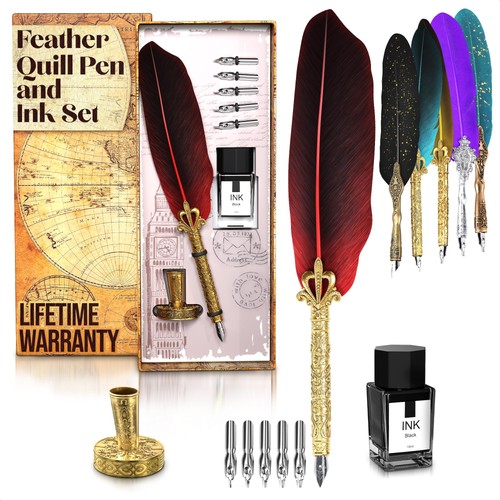 Red feather quill pen and - feather,